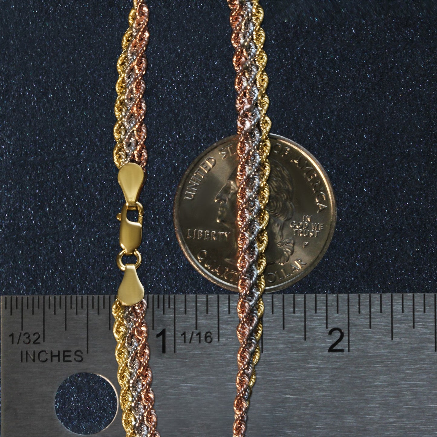 Tri-Toned Multi-Strand Rope Chain Bracelet in 10k Yellow, White, and Rose Gold (6.35 mm)